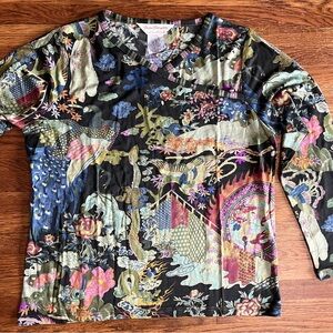NWOT Norm Thompson silk blouse top L Asian artsy slinky Forest fairy